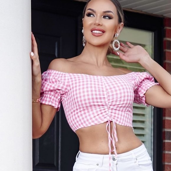 Tops - Gingham Plaid Off Shoulder Short Sleeve Crop Top